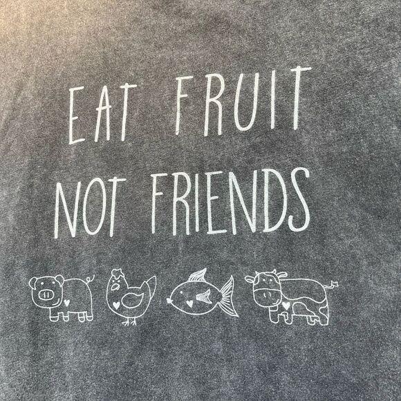 Soulshine grey distressed,shortsleeved T-shirt, Eat Fruits, Not Friends print S - Picture 3 of 7